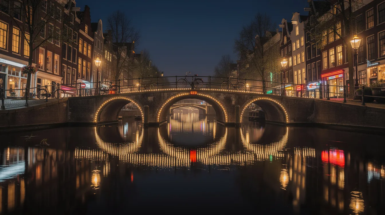 Die Gracht in Amsterdam erstrahlt bei Nacht in einem magischen Licht, während sich die Reflexionen der beleuchteten Brücken auf dem ruhigen Wasser spiegeln. Diese Szene vermittelt einen einzigartigen Vibe, der perfekt zu einer Playlist mit entspannenden Tracks im Trance- und Techno-Genre passt.