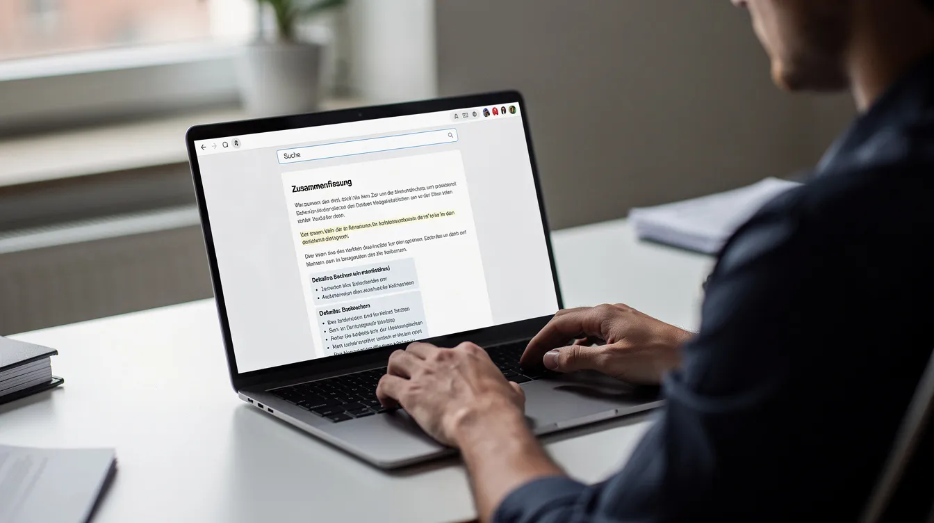 Eine Person sitzt an einem Laptop und nutzt eine Suchmaschine, auf deren Bildschirm eine ausführliche KI-generierte Antwort angezeigt wird. Die Inhalte der Suchergebnisse bieten umfassende Informationen zu einem bestimmten Thema und zeigen die Sichtbarkeit von KI-Antworten in der digitalen Welt.