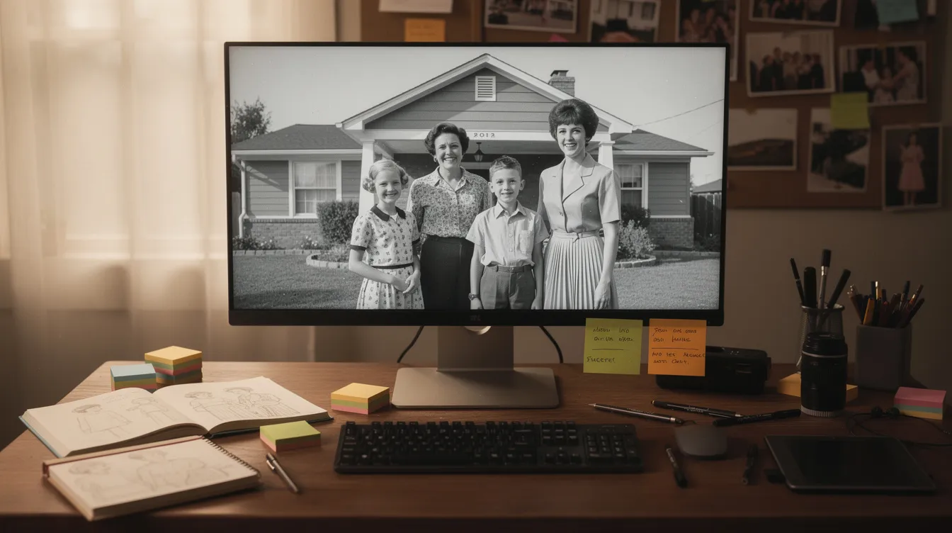 Ein kreativer Arbeitsplatz mit einem Monitor, auf dem ein animiertes Familienfoto aus den 1960er Jahren zu sehen ist, das durch bewegte Bilder lebendige Erinnerungen weckt. Der Bildschirm zeigt die Gesichter der Familie in verschiedenen Ausdrücken, während nostalgische Klänge im Hintergrund zu hören sind.