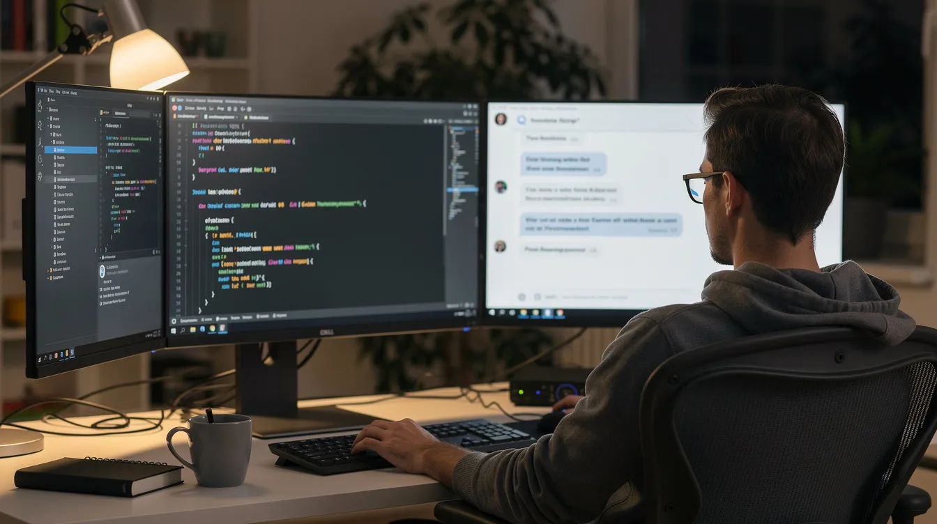 Ein Entwickler sitzt an einem Schreibtisch vor zwei Monitoren, auf denen ein Code-Editor und ein Chat-Fenster nebeneinander geöffnet sind. Die Bildschirme zeigen in Echtzeit Programmieraufgaben und Gespräche mit einem KI-Tool, während der Entwickler an seinen Projekten arbeitet.