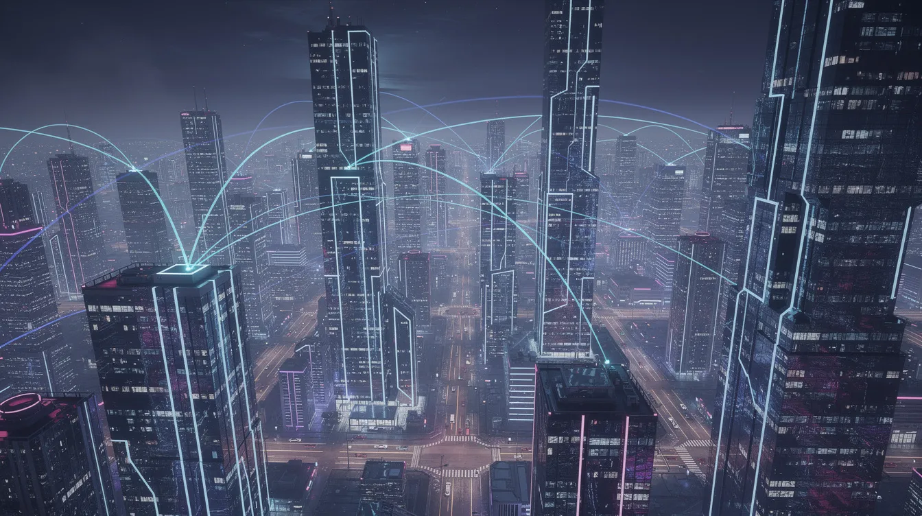 Die futuristische Skyline einer Stadt bei Nacht zeigt hochmoderne Gebäude, die durch leuchtende digitale Verbindungslinien miteinander verknüpft sind. Diese Darstellung spiegelt die Entwicklung von künstlicher Intelligenz und Technologie wider, die in der modernen urbanen Infrastruktur eine zentrale Rolle spielt.