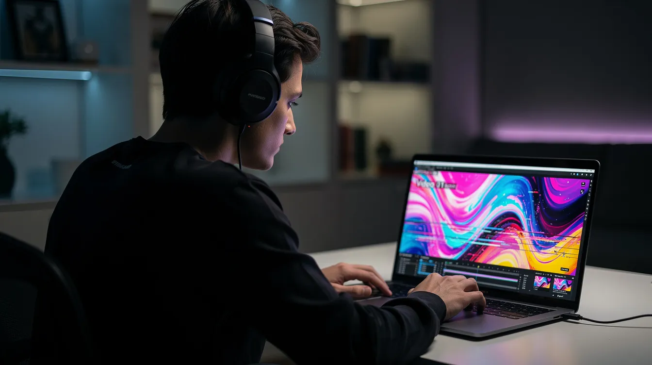 Eine Person trägt Kopfhörer und sitzt vor einem Laptop, auf dessen Bildschirm bunte, abstrakte Videosequenzen zu sehen sind, die mit einem KI-Musikvideo-Generator erstellt wurden. Die visuellen Effekte scheinen mit der Musik zu synchronisieren und schaffen eine kreative Atmosphäre für die Medienbearbeitung.
