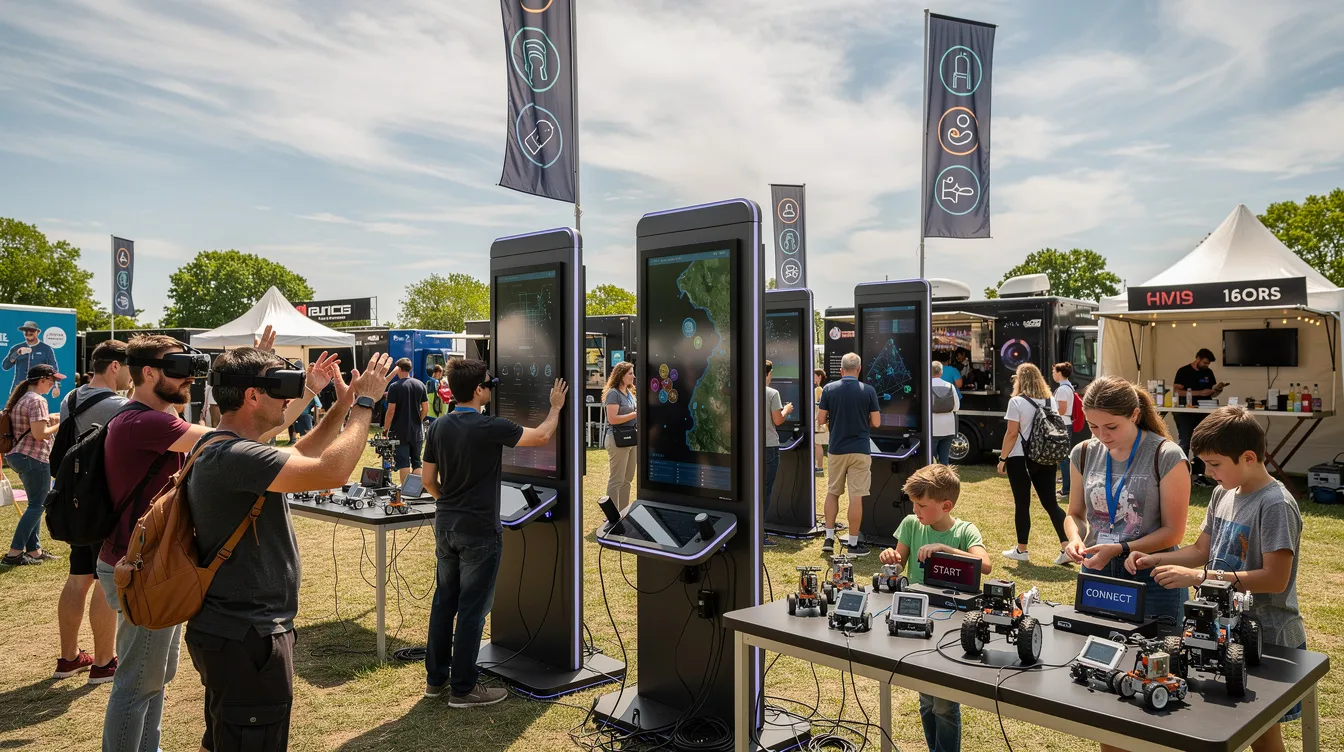 Das Bild zeigt das Festivalgelände des KI Festivals in Heilbronn, wo Besucher an interaktiven Technologie-Stationen unter freiem Himmel teilnehmen. Umgeben von Kunstinstallationen und Live-Musik genießen Menschen aller Generationen ein spannendes Erlebnis mit Workshops und Vorträgen zur künstlichen Intelligenz.