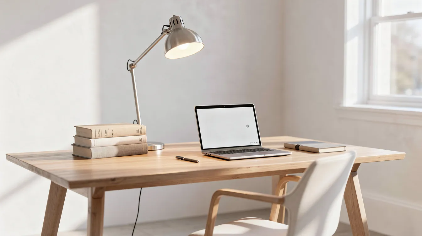 Auf dem Bild ist ein aufgeräumter Schreibtisch in einem hellen Zimmer zu sehen, der mit einer Lampe, mehreren Büchern und einem Laptop ausgestattet ist. Dieser Arbeitsplatz eignet sich ideal für Schüler, die Hilfe bei ihren Mathe Hausaufgaben oder anderen Fächern wie Physik und Chemie benötigen.