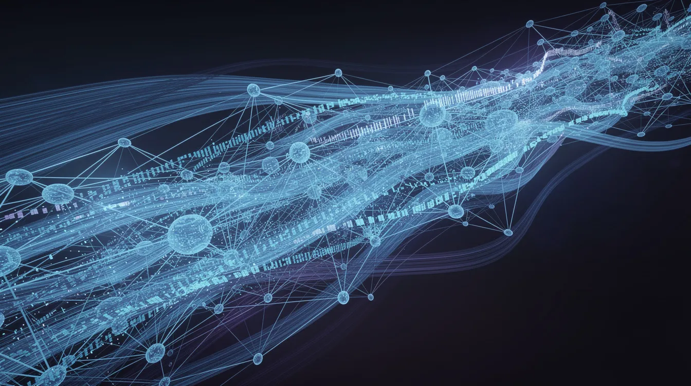 Das Bild zeigt eine abstrakte Darstellung eines neuronalen Netzwerks, das aus verbundenen Knoten besteht und von blauen Lichtstrahlen durchzogen wird, was die Komplexität und Dynamik von KI-Tools und Deepfake-Technologie symbolisiert. Diese visuelle Interpretation könnte als Inspiration für Content Creation und die Entwicklung von Deepfake-Videos dienen.