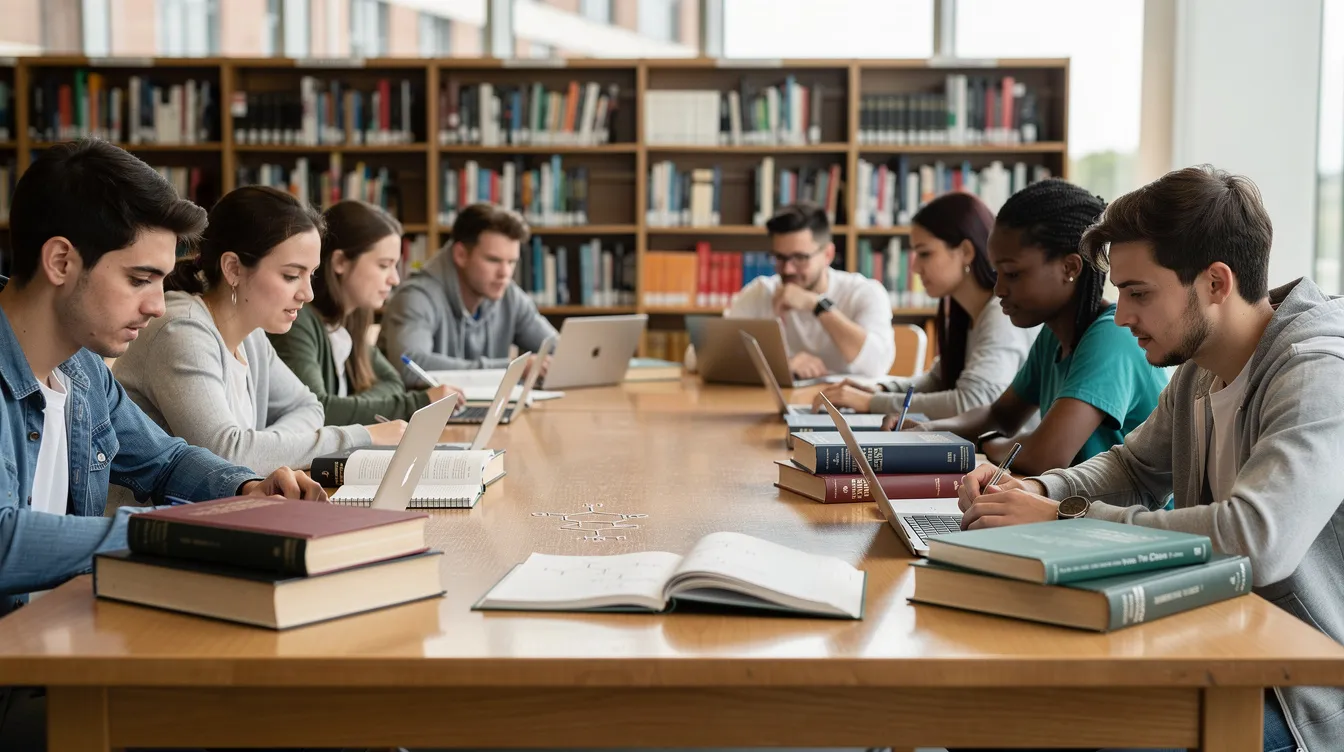 In der Bibliothek lernen mehrere Studierende gemeinsam an Laptops, um Chemieaufgaben zu lösen, während sie Chemiebücher zur Unterstützung nutzen. Diese Lernumgebung fördert den Austausch von Wissen und die Anwendung von KI-gestützten Lösungen, um komplexe chemische Konzepte und Reaktionsmechanismen zu verstehen.
