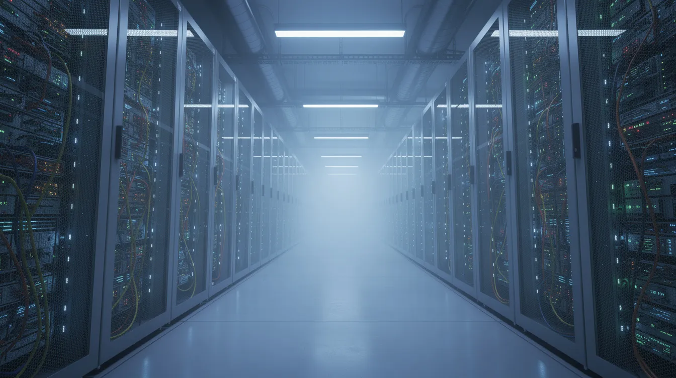 Das Bild zeigt ein modernes Rechenzentrum mit langen Reihen von leuchtenden Servern, die von einem blauen Ambientelicht umgeben sind. Diese Infrastruktur ist entscheidend für die Entwicklung von künstlicher Intelligenz und bietet die nötige Effizienz für zahlreiche KI-Anwendungen in der Technologiebranche.