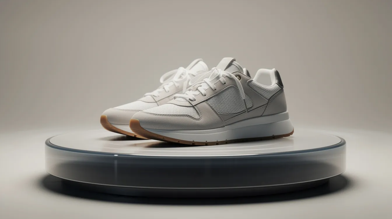 Die Nahaufnahme zeigt Sneaker, die sich auf einer Drehscheibe im Studio drehen. Die Produktfotografie hebt die Details und das Design der Schuhe hervor und vermittelt durch die Bewegung der Sneaker ein Gefühl von Dynamik und Lebendigkeit.