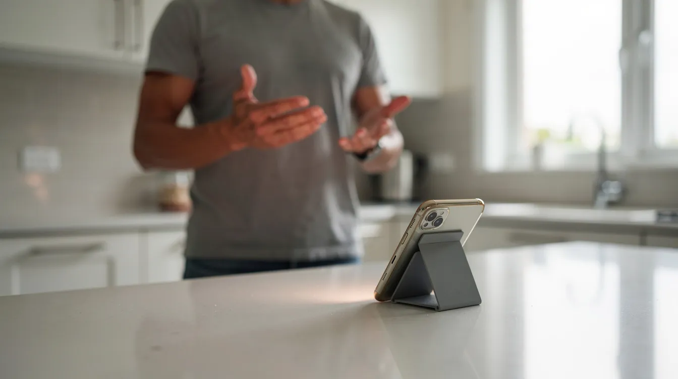 Eine Person steht in einer modernen Küche und spricht mit einem Smartphone, das auf der Arbeitsplatte lehnt. Das Gerät, möglicherweise ein t phone 3, zeigt die Integration von künstlicher Intelligenz, während die Person alltägliche Fragen klärt.