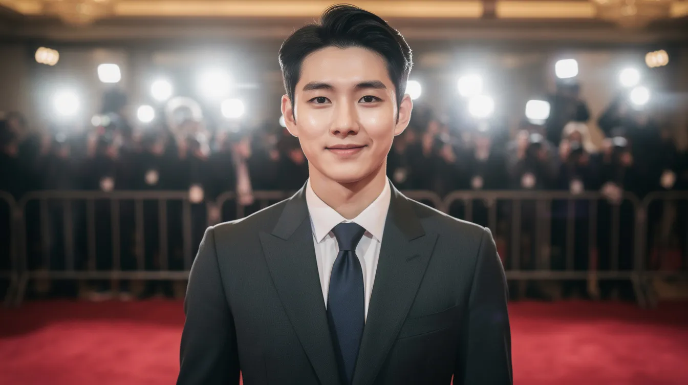 Das Porträt zeigt einen jungen koreanischen Mann in einem eleganten Anzug, der auf einem roten Teppich steht. Im Hintergrund blitzen die Kameras, während er als Schauspieler, bekannt aus Serien wie "Descendants of the Sun", im Rampenlicht steht.