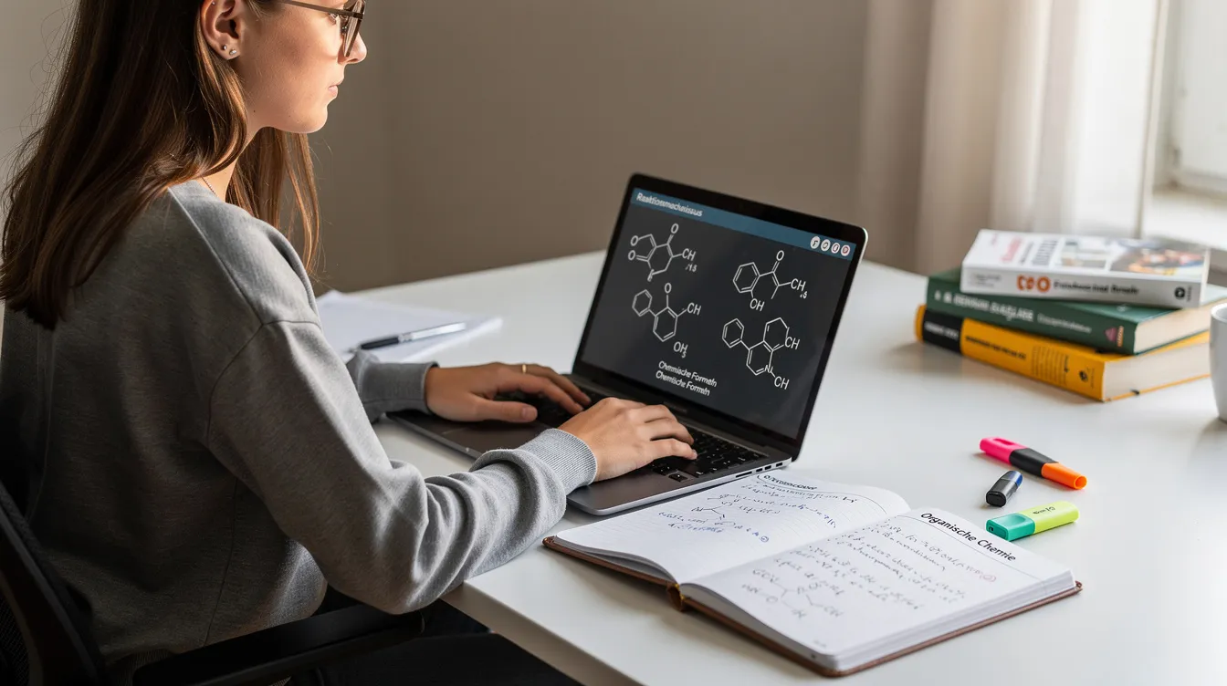 Eine Studentin sitzt an einem Schreibtisch und arbeitet konzentriert an ihrem Laptop, auf dessen Bildschirm chemische Formeln und Gleichungen angezeigt werden. Neben dem Laptop liegt ein Notizbuch, das als Unterstützung für ihre Chemie Hausaufgaben dient.