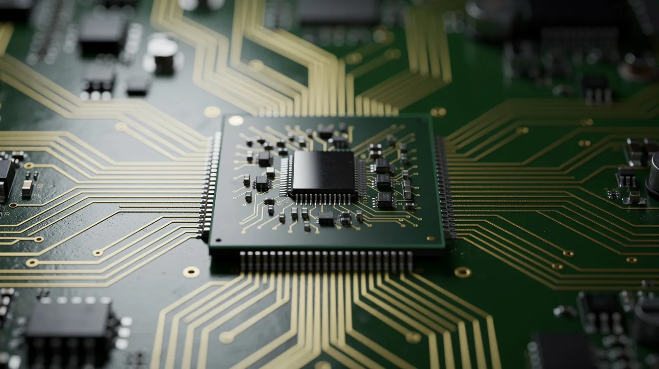 Die Nahaufnahme zeigt einen modernen Computerchip auf einer grünen Platine, umgeben von goldenen Leiterbahnen. Diese Technologie ist ein wichtiger Bestandteil der künstlichen Intelligenz und spielt eine zentrale Rolle in der Entwicklung von KI-Anwendungen und der Effizienz von Tech-Unternehmen.