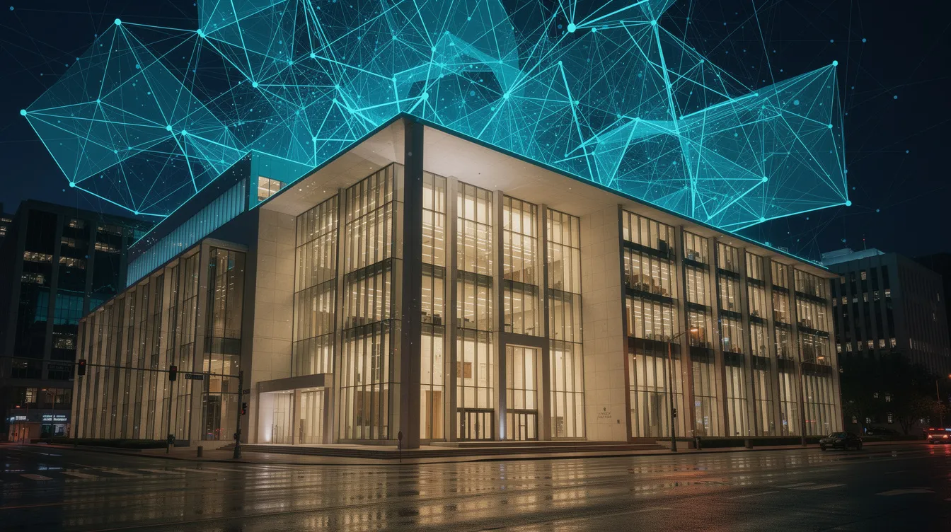 Das Bild zeigt ein modernes Regierungsgebäude in Albanien bei Nacht, beleuchtet durch strahlende Fenster. Über dem Gebäude schwebt ein digitales Netzwerk-Overlay, das die Verbindung zur künstlichen Intelligenz symbolisiert, während die gesamte Szene die Fortschritte der ersten KI-Ministerin Diella unter Premierminister Edi Rama reflektiert.