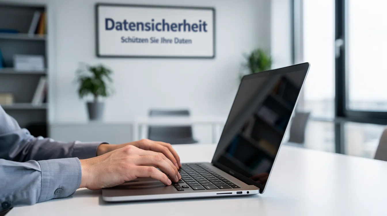 In einem modernen Büro tippen Hände auf einem Laptop, während an der Wand ein Schild zur Datensicherheit hängt. Diese Szene verdeutlicht die Bedeutung von Datenschutz und Compliance-Anforderungen in der heutigen Unternehmenswelt, in der KI-Technologien und -Anwendungen zunehmend an Bedeutung gewinnen.