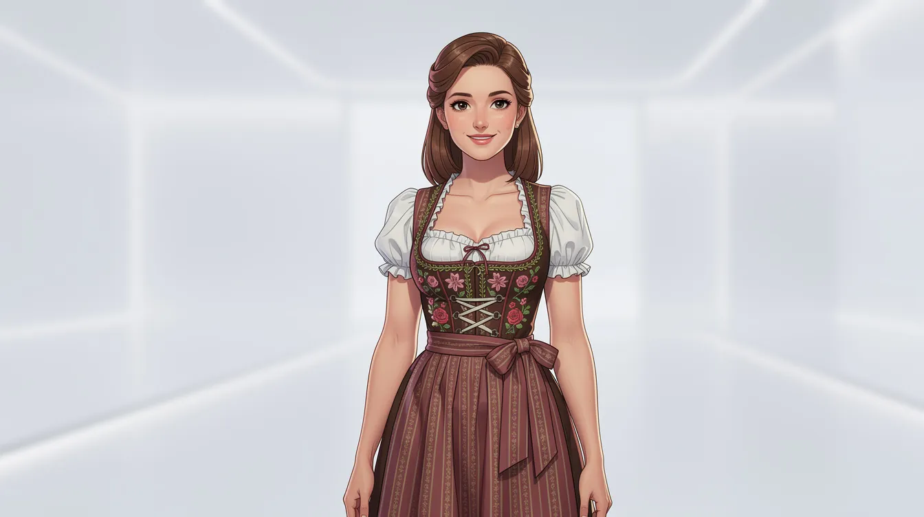 Ein digitaler Avatar einer Frau in traditioneller albanischer Tracht steht vor einem hellen, modernen Hintergrund. Die Darstellung symbolisiert die Verbindung zwischen traditioneller Kultur und moderner Technologie, während sie als erste KI-Ministerin von Albanien, Diella, präsentiert wird.