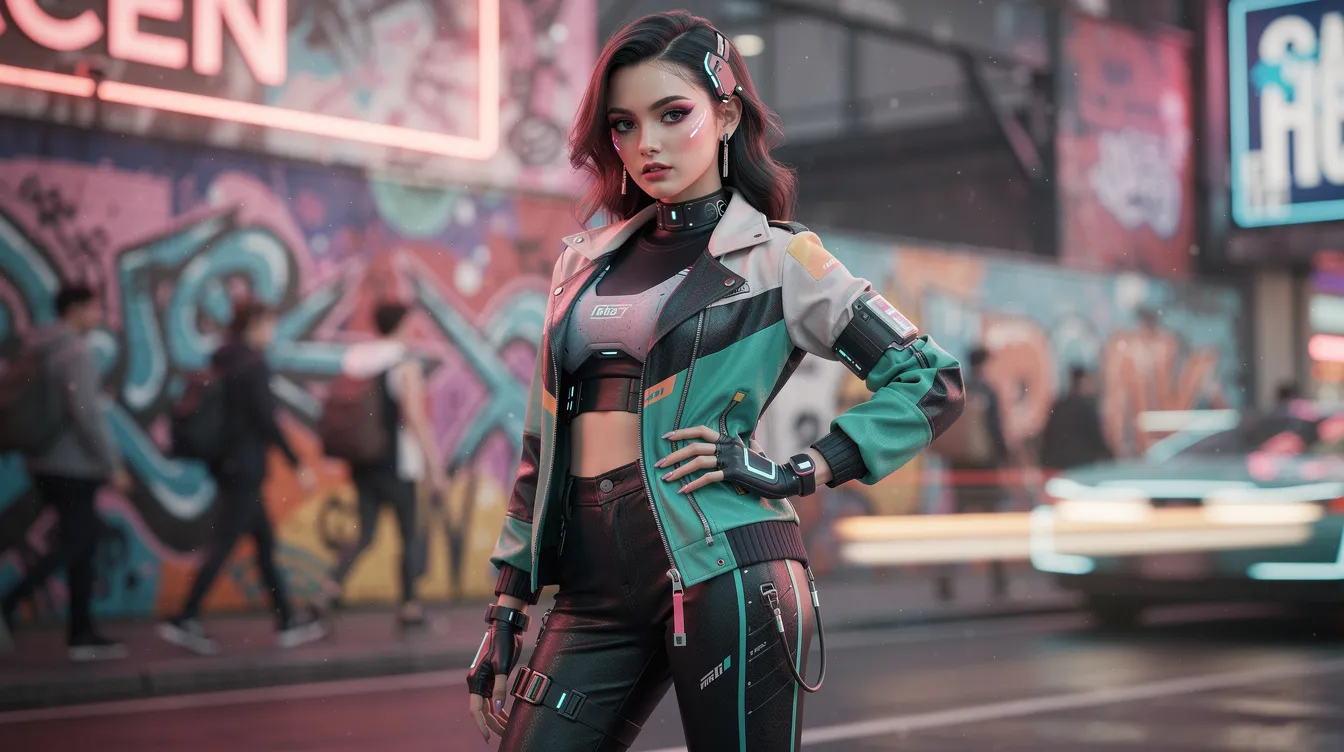 Die virtuelle Fashion-Persona steht vor einem lebhaften, urbanen Hintergrund und präsentiert trendige Outfits, die für Social Media Plattformen wie Instagram und TikTok geeignet sind. Diese KI-Influencerin verkörpert die neuesten Mode-Trends und zieht die Aufmerksamkeit auf sich, während sie als Avatar in einem kreativen Marketingkonzept agiert.