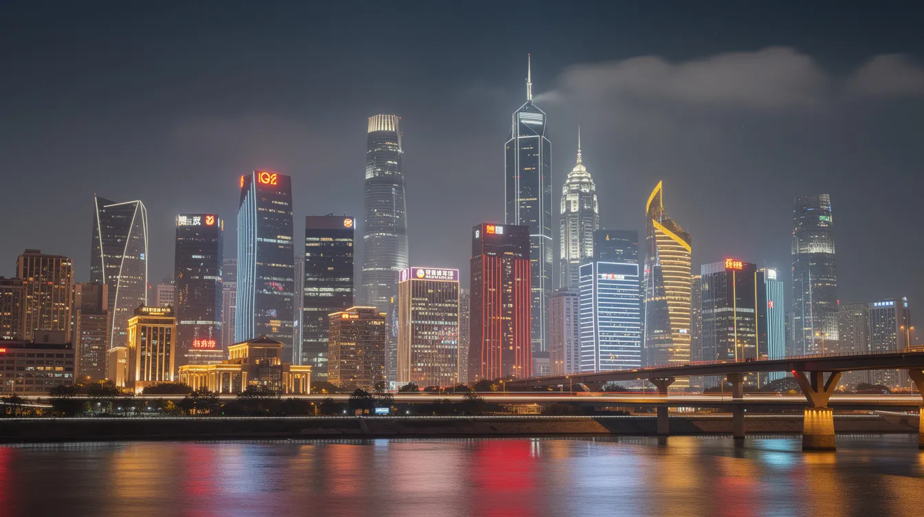 Die moderne Skyline einer chinesischen Großstadt bei Nacht zeigt beeindruckende, beleuchtete Wolkenkratzer und zahlreiche Lichter, die die urbanen Strukturen zum Leben erwecken. Diese Szene spiegelt die technologische Entwicklung und den Einfluss von KI-Technologien in China wider.