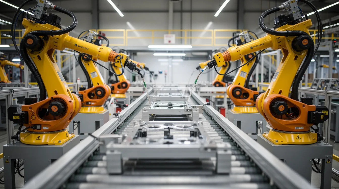 Ein Roboterarm arbeitet an einer modernen Fabrik-Montagelinie und führt automatisierte Fertigungsprozesse durch, während er mit verschiedenen KI-Technologien gesteuert wird. Diese innovative Technologie zeigt den Fortschritt in der industriellen Fertigung und den Einsatz von künstlicher Intelligenz zur Effizienzsteigerung.