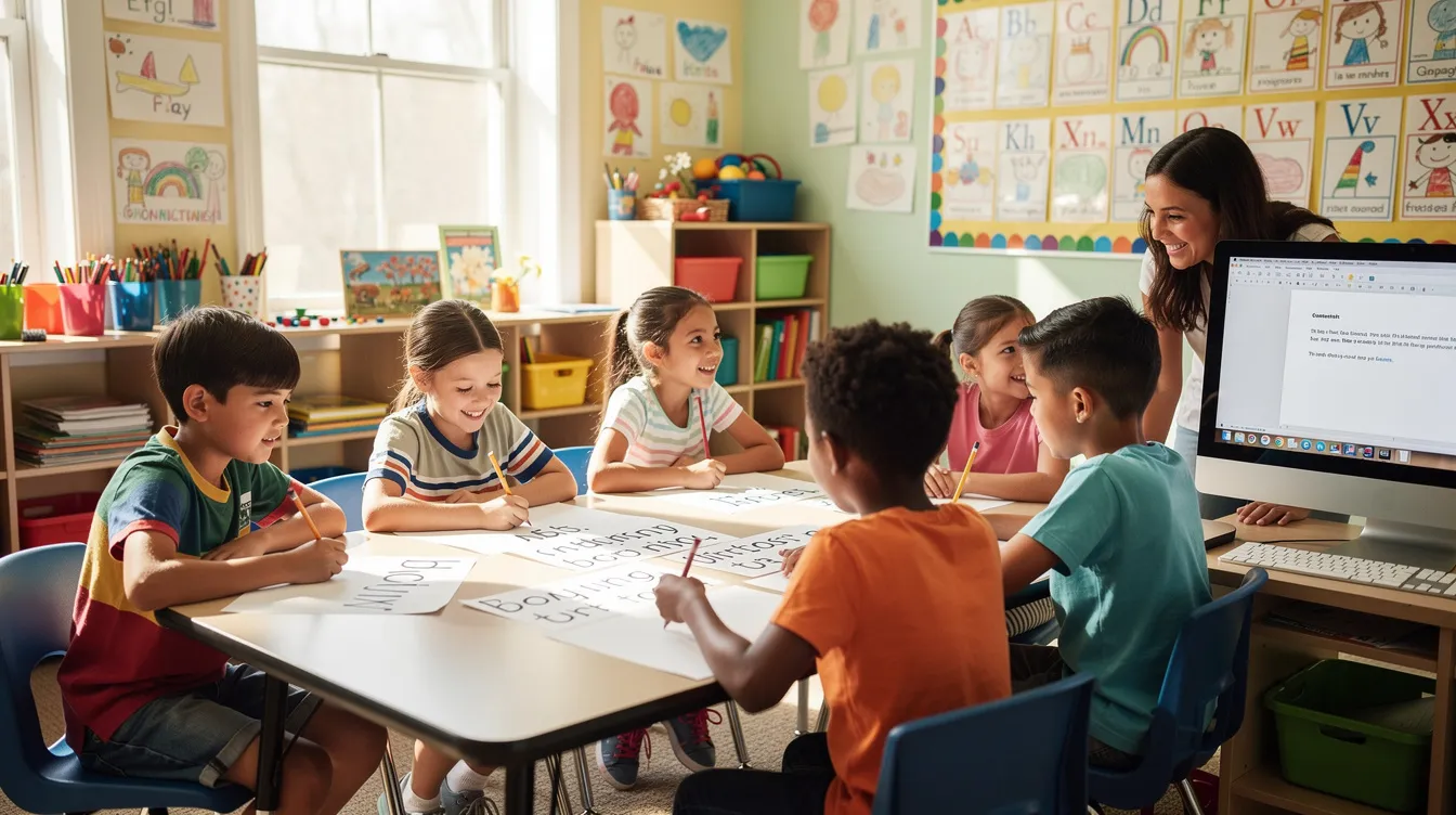 In einem bunten Klassenzimmer arbeiten Kinder gemeinsam an ihren Geschichten, einige schreiben auf Papier, während andere auf einen Bildschirm blicken. Die kreative Atmosphäre fördert den Austausch von Ideen und inspiriert die kleinen Autoren, ihre Fantasie und Schreibfähigkeiten zu entfalten.