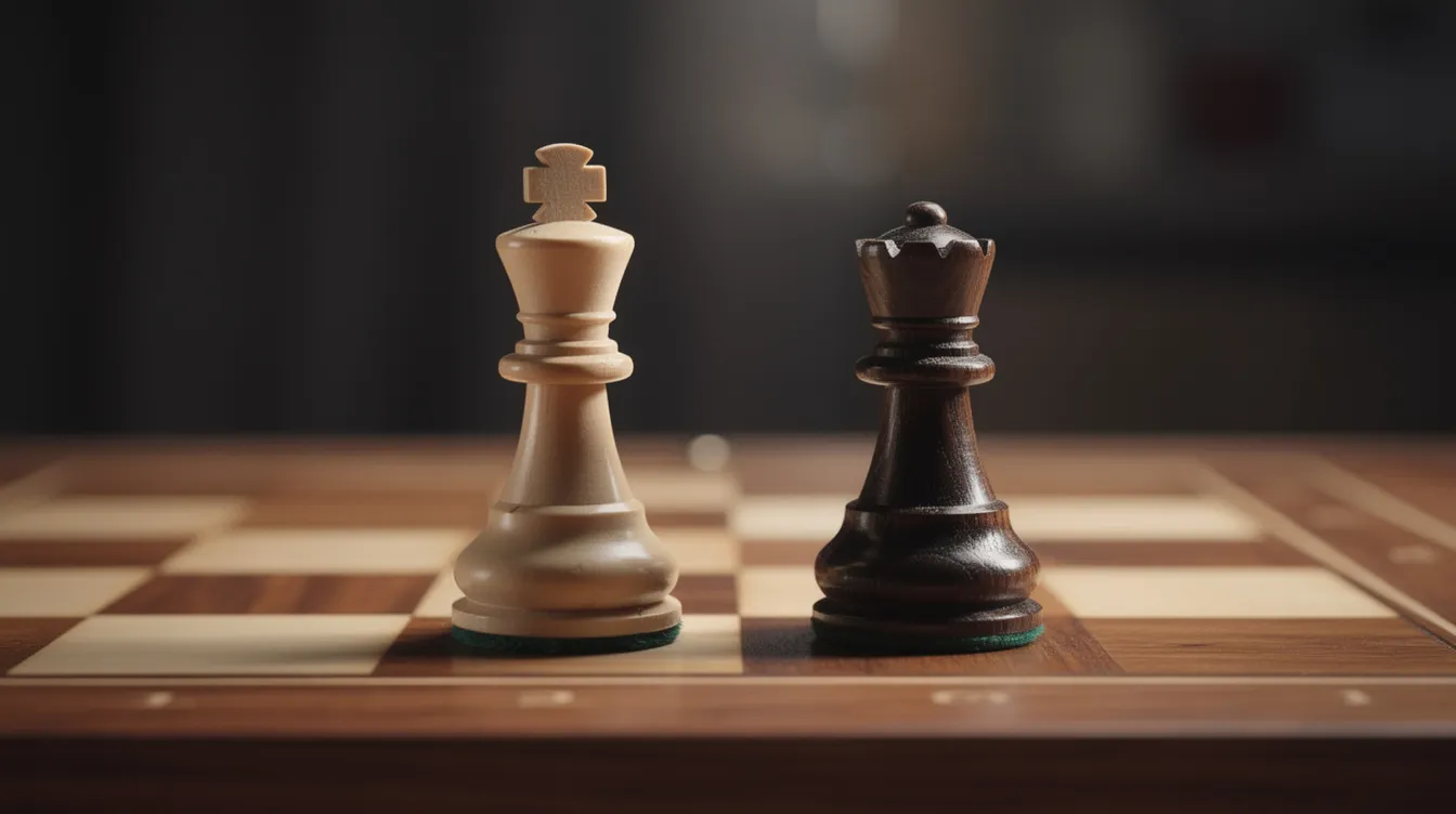 Auf dem Schachbrett stehen sich zwei Schachfiguren gegenüber, die in einer strategischen Position zueinander platziert sind. Diese Darstellung symbolisiert die Intelligenz und die strategischen Überlegungen, ähnlich wie in der Debatte über KI-Technologien und deren Entwicklung in Ländern wie den USA und China.