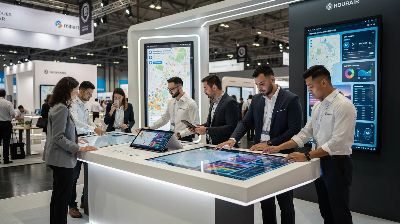 Auf dem Bild sind Menschen zu sehen, die an einem modernen Messestand interaktive Technologie-Displays testen. Die Atmosphäre ist lebhaft, und Besucher erkunden verschiedene Anwendungen und Installationen im Rahmen des KI Festivals in Heilbronn.