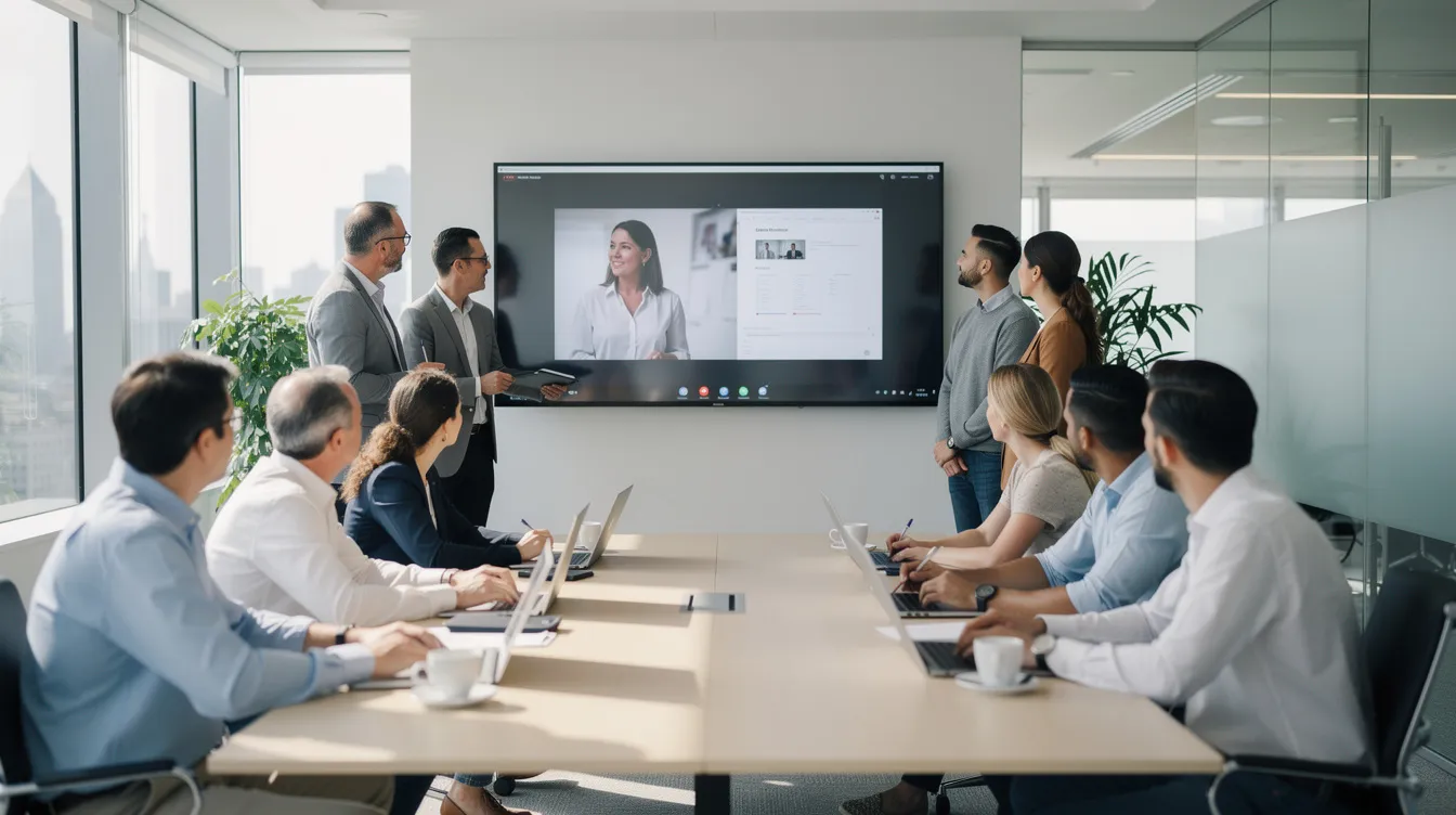 Eine diverse Gruppe von Personen sitzt in einem modernen Büro und schaut gemeinsam auf einen großen Bildschirm, auf dem ein KI-unterstütztes Video abgespielt wird. Die Atmosphäre ist kreativ und kollaborativ, während die Teilnehmer Ideen für die Videoproduktion und die Nutzung von KI-Tools diskutieren.