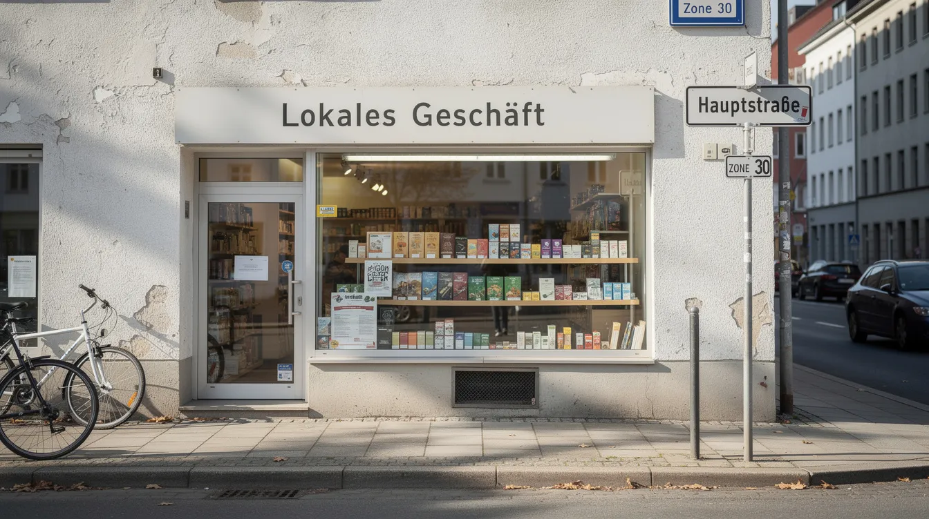 Die Außenansicht eines lokalen Geschäfts zeigt ein einladendes Schaufenster mit verschiedenen Produkten, während ein Straßenschild auf die Adresse hinweist. Diese Szene vermittelt die Sichtbarkeit des Unternehmens und könnte in den Suchergebnissen von Google für Nutzer von Interesse sein.