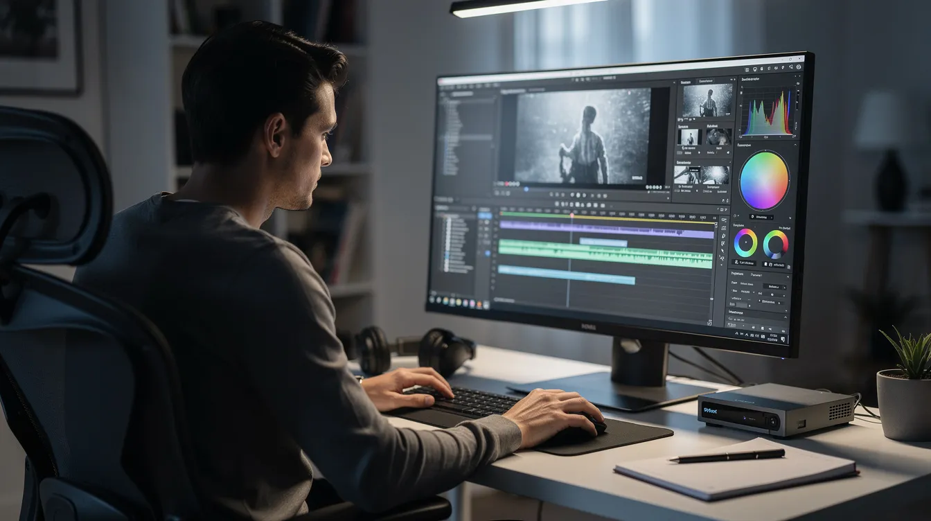 Eine Person sitzt an einem Schreibtisch vor einem Monitor und bearbeitet ein Video mit einer Bearbeitungssoftware. Auf dem Bildschirm sind verschiedene Werkzeuge und Optionen sichtbar, die zur Erstellung von Deepfake-Videos und anderen Inhalten verwendet werden können.