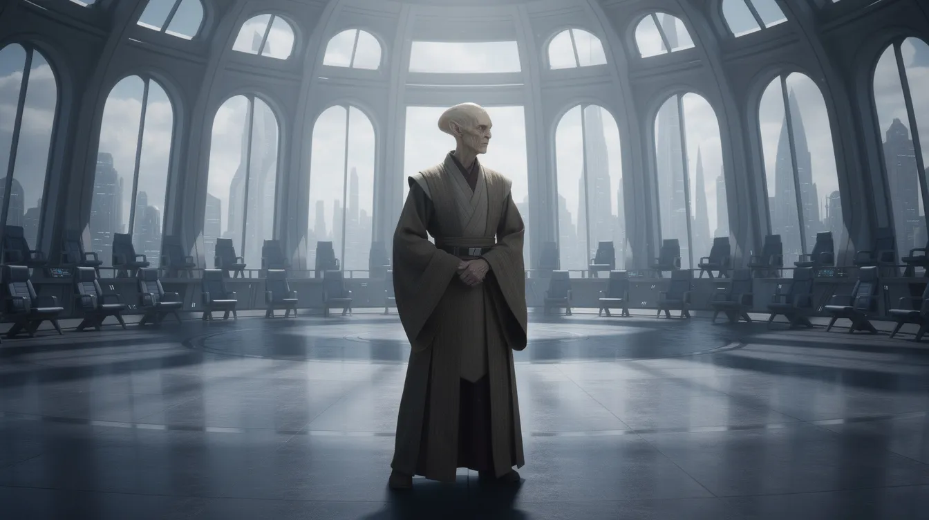 Ein hochgewachsener Jedi mit verlängertem Schädel, bekannt als Ki Adi Mundi, steht in braunen Roben vor einem runden Ratssaal mit hohen Fenstern, der den Jedi-Rat beherbergt. Die Szene vermittelt ein Gefühl von Autorität und Verantwortung, während er seine Pflichten als Jedi-Meister wahrnimmt.