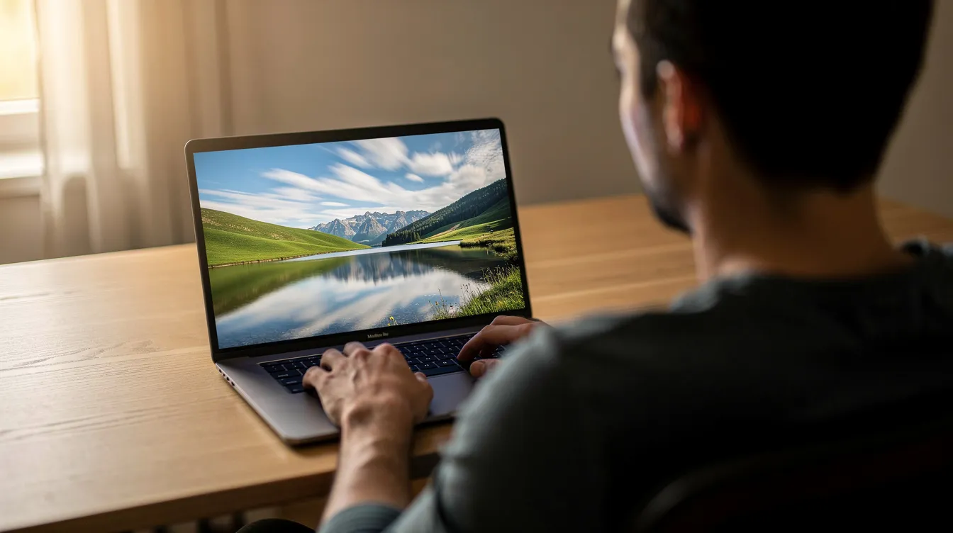 Eine Person sitzt vor einem Laptop und betrachtet ein animiertes Landschaftsfoto, in dem sich die Wolken und das Wasser sanft bewegen. Diese Fotoanimation erweckt die Landschaft zum Leben und zieht die Aufmerksamkeit des Betrachters auf sich.