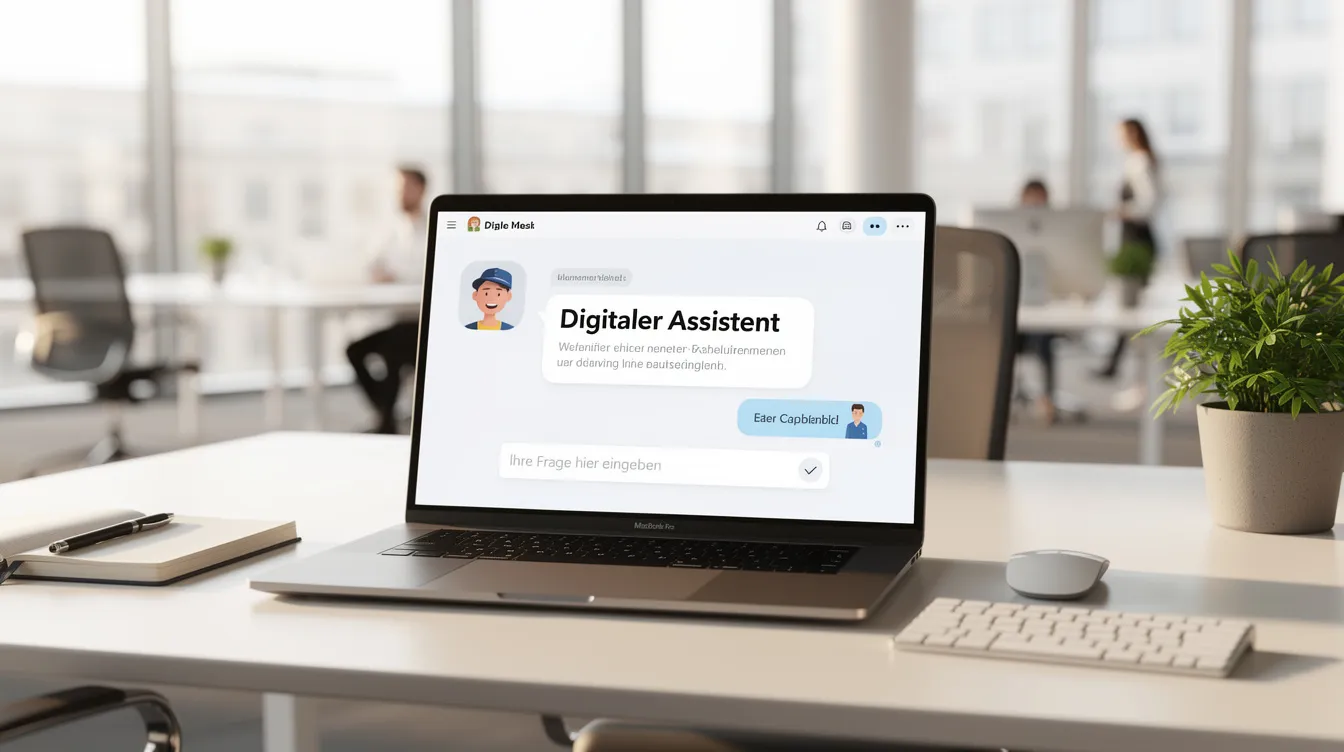 Ein moderner Arbeitsplatz mit einem Laptop, auf dessen Bildschirm ein digitaler Assistent zu sehen ist. Im Hintergrund befindet sich ein zeitgemäßes Büro, das eine produktive Umgebung für KI-Entwicklung und Programmierung bietet.
