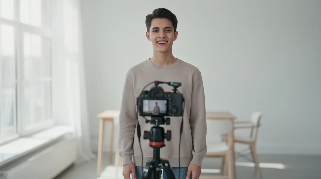 Eine Person steht in einem hellen Raum vor einer Kamera und nimmt ein kurzes Video auf, während sie sich auf die Videoproduktion mit einem KI-gestützten Tool konzentriert. Der Raum ist gut beleuchtet und vermittelt eine kreative Atmosphäre für die Erstellung von Inhalten.