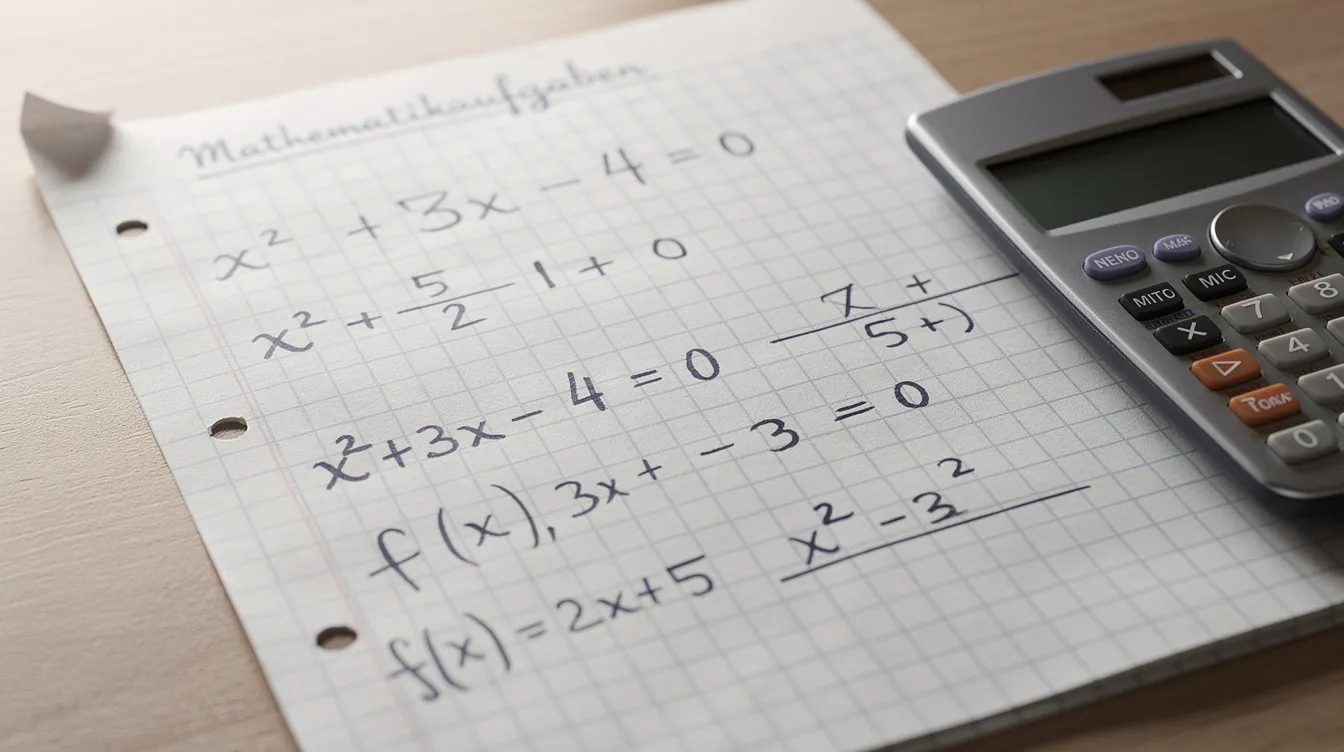 Das Bild zeigt kariertes Papier, auf dem handgeschriebene mathematische Gleichungen zu sehen sind, zusammen mit einem Taschenrechner. Diese Szene könnte Schülern helfen, ihre Mathe-Hausaufgaben zu lösen und ein besseres Verständnis für mathematische Konzepte zu entwickeln.