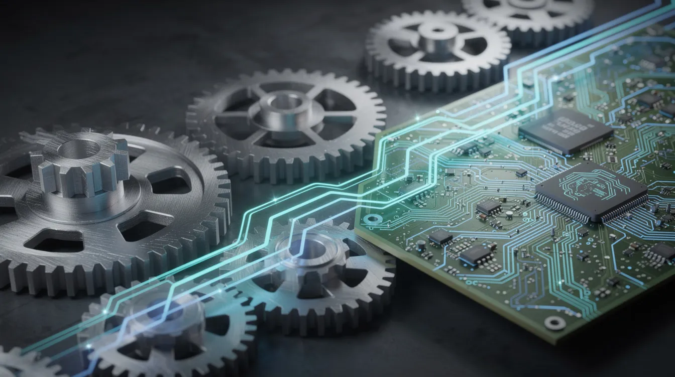 Das Bild zeigt eine komplexe Anordnung von Zahnrädern und Schaltkreisen, die einen automatisierten Arbeitsprozess symbolisieren. Leuchtende Verbindungslinien verdeutlichen die Interaktion zwischen verschiedenen KI-Systemen und deren Rollen in der Entscheidungsfindung und Automatisierung von Abläufen.