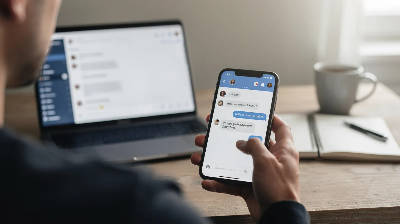 Eine Person sitzt an einem Schreibtisch und hält ein Smartphone in der Hand, während sie in einer Chat-Oberfläche tippt. Im Hintergrund ist ein aufgeklappter Laptop zu sehen, der verschiedene Anwendungen und Informationen anzeigt.