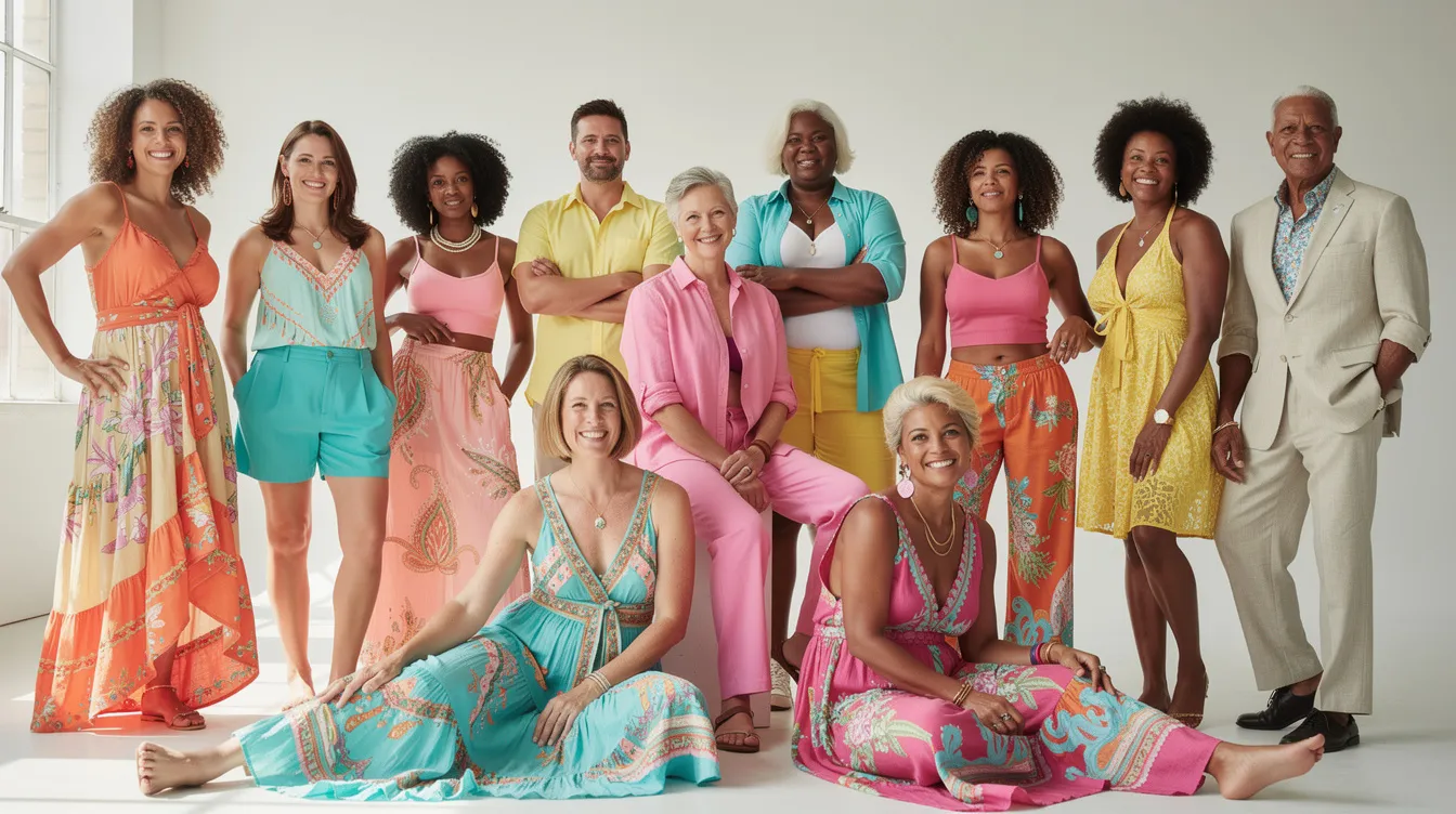Eine diverse Gruppe von Models verschiedener Ethnien, Körpertypen und Altersgruppen posiert gemeinsam in bunten Sommerkleidern. Die Szene strahlt Freude und Vielfalt aus und spiegelt aktuelle Trends der Modebranche wider.