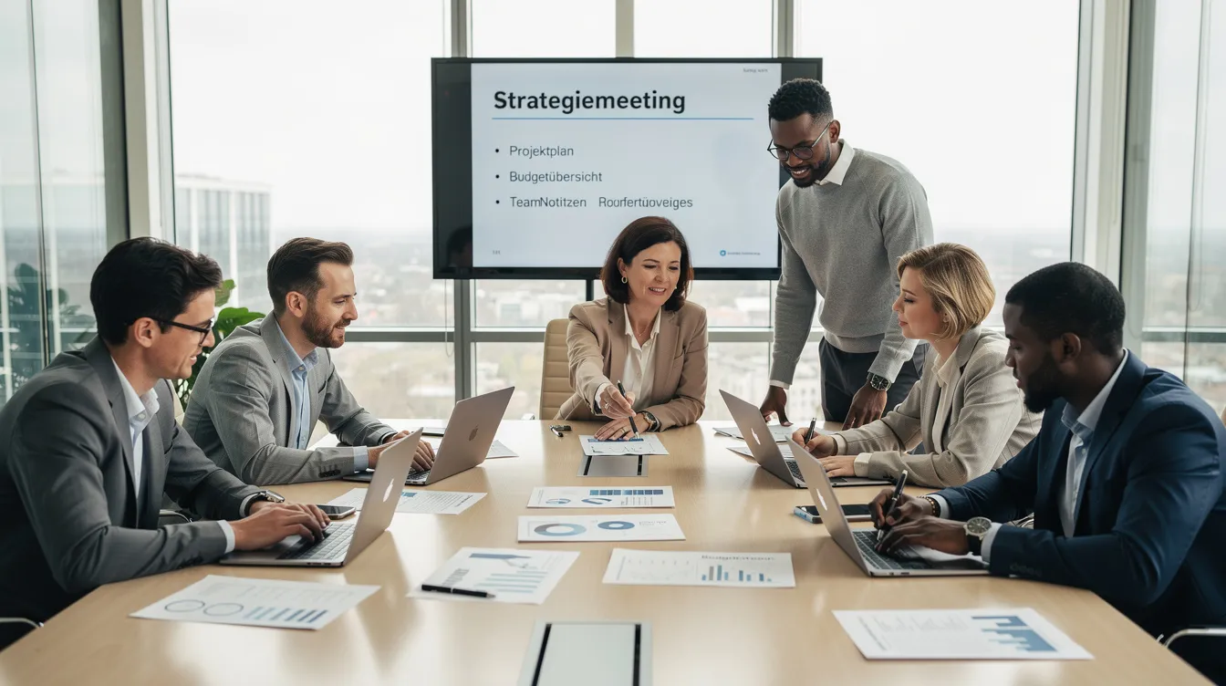 Ein internationales Team sitzt in einem Besprechungsraum und arbeitet gemeinsam an Dokumenten, während sie ihre Ideen und Meinungen austauschen. Auf dem Tisch liegen verschiedene Unterlagen, und die Teammitglieder nutzen Technologien, um ihre Arbeit effizient zu gestalten.