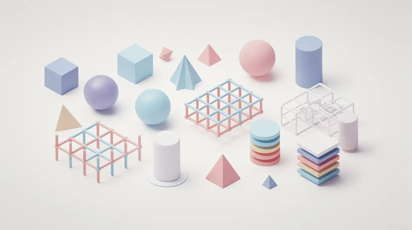Das Bild zeigt verschiedene geometrische Formen und Strukturen, die abstrakt unterschiedliche Modelltypen symbolisieren und auf einem hellen Hintergrund angeordnet sind. Diese Formen repräsentieren Konzepte aus der künstlichen Intelligenz, wie z.B. die Vielfalt der Modelle und deren Anwendungen im Bereich des maschinellen Lernens.