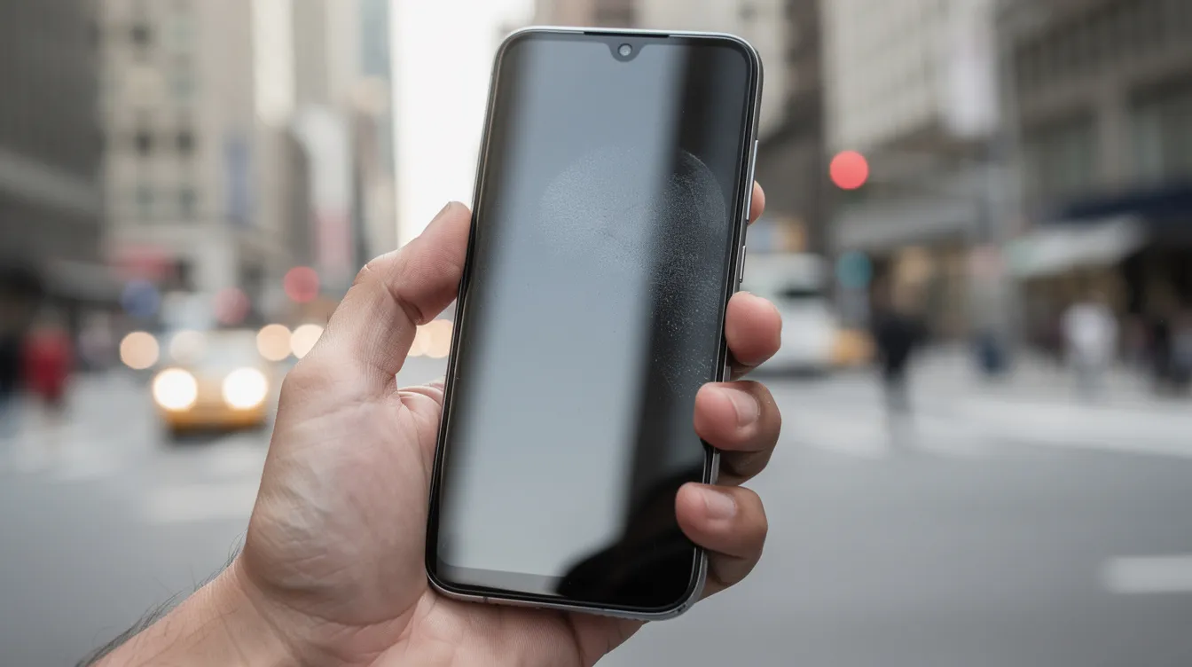 Eine Person hält ein modernes Budget-Smartphone in der Hand, während im Hintergrund eine unscharfe Stadtkulisse zu sehen ist. Das Gerät könnte ein "T Phone 3" der Deutschen Telekom sein, das mit KI-Funktionen ausgestattet ist und für den Alltag konzipiert wurde.