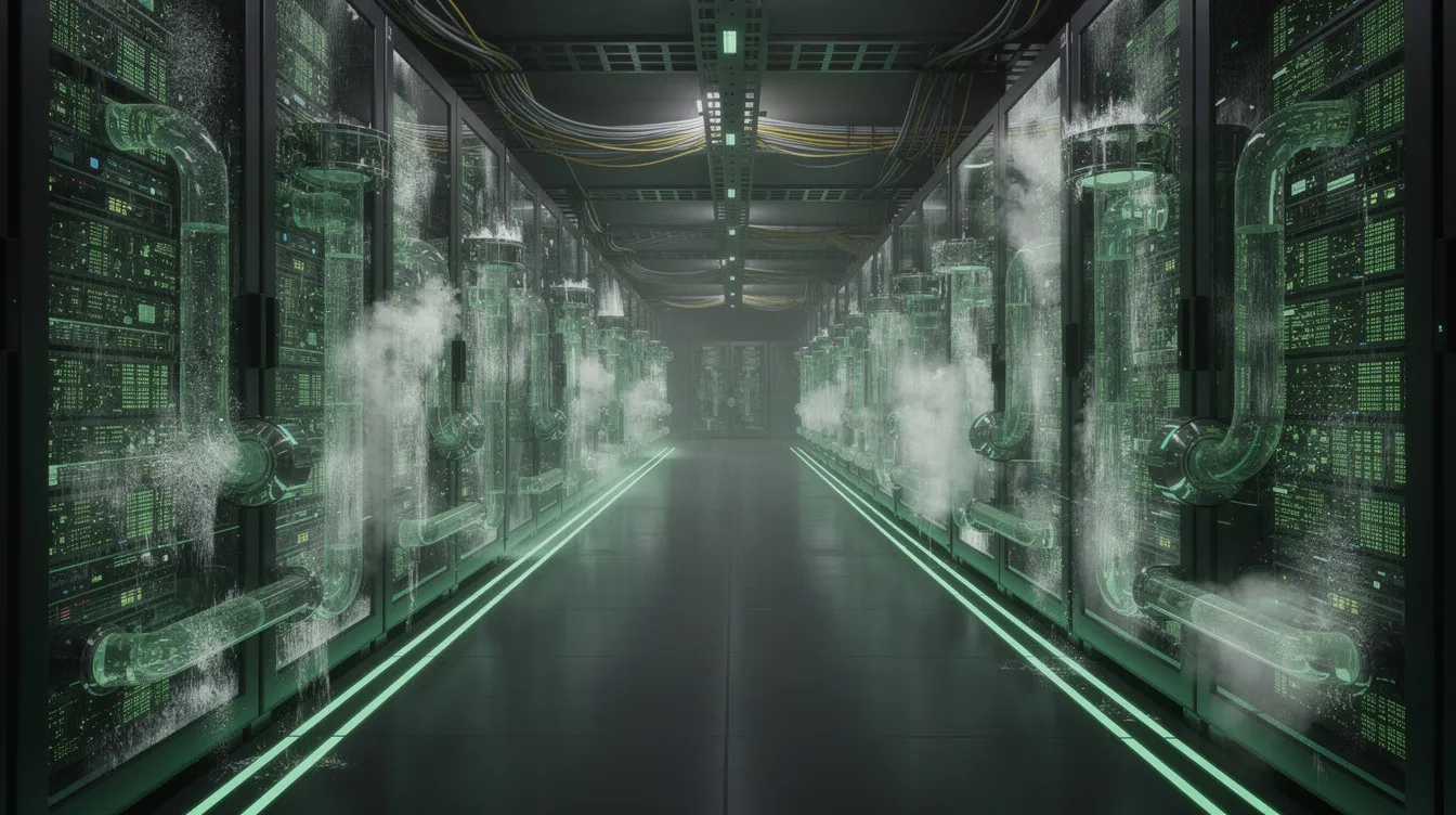 Das Bild zeigt einen futuristischen Serverraum mit grün leuchtenden Recheneinheiten und modernen Kühlsystemen. Die Atmosphäre ist technologisch fortschrittlich, was auf die Verwendung von KI-Systemen und Deep Learning-Algorithmen hinweist.