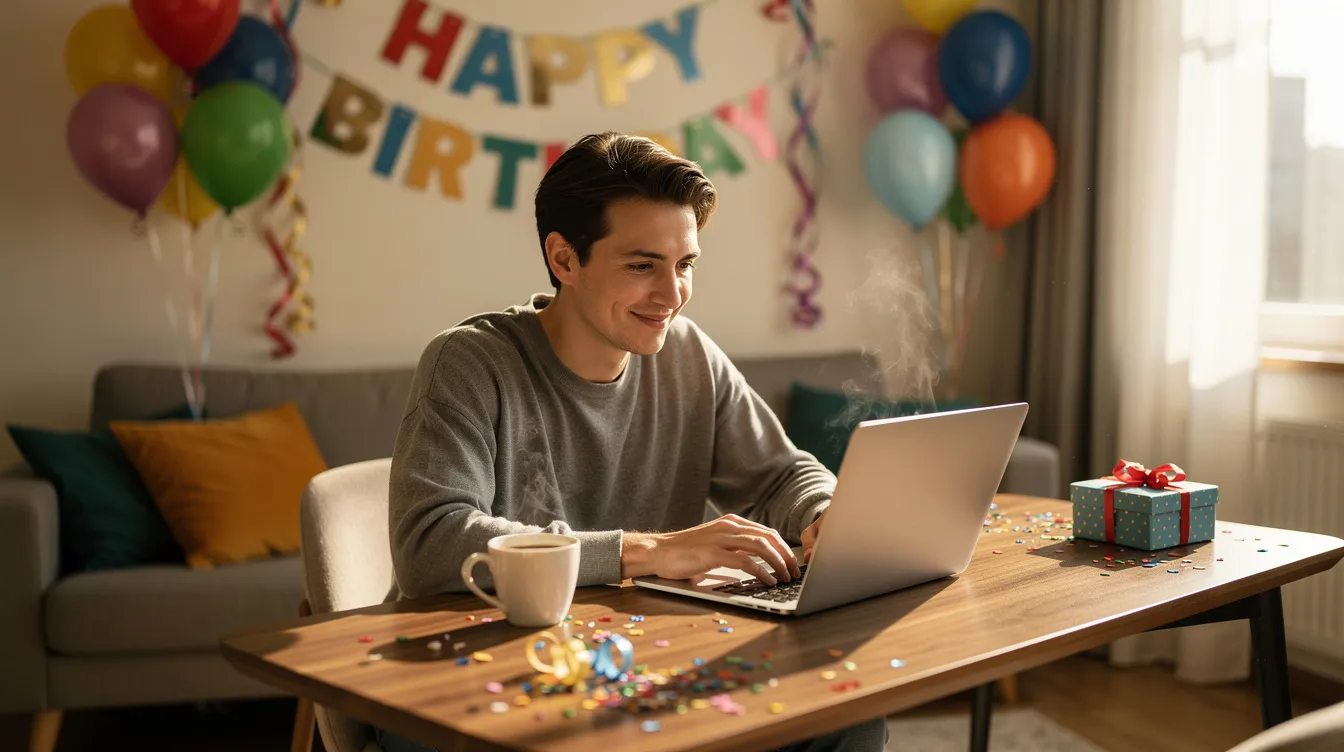 Eine Person sitzt an einem Schreibtisch, umgeben von bunten Geburtstagsdekorationen, und tippt konzentriert auf einem Laptop, während eine Tasse Kaffee neben ihr steht. Diese Szene strahlt Kreativität und Freude aus, ideal für das Generieren von Geburtstagswünschen und -grüßen.
