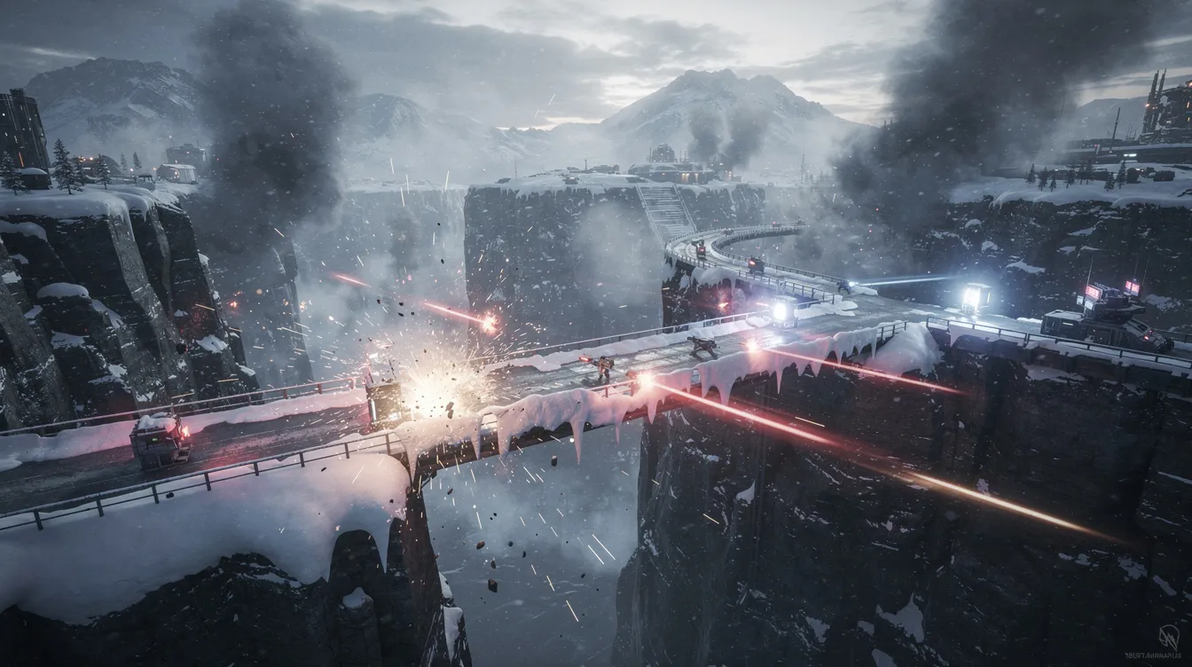 Die verschneite Brücke erstreckt sich über eine tiefe Schlucht, während Blasterfeuer und Rauch die Luft durchziehen, was auf einen intensiven Kampf zwischen Jedi und Sith hinweist. In dieser Szene könnte man an die Konflikte aus "Attack of the Clones" und die tragischen Ereignisse von Order 66 denken, die die Jedi in große Gefahr bringen.