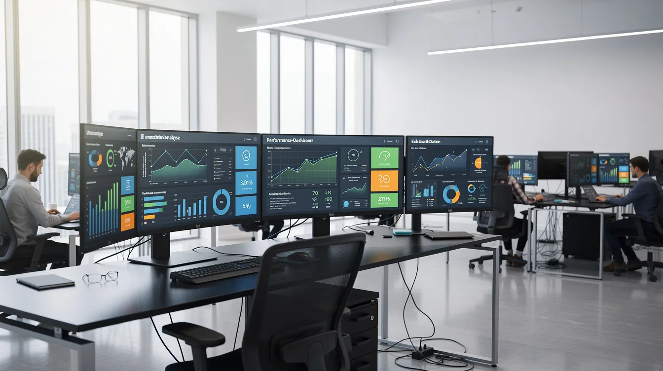 Das Bild zeigt ein modernes Büro mit großen Bildschirmen, auf denen komplexe Datenvisualisierungen und Dashboards dargestellt sind, die wichtige Informationen und Leistungskennzahlen präsentieren. Die Umgebung strahlt eine technologische Atmosphäre aus, die auf den Einsatz von KI-Systemen und Deep Learning hinweist.