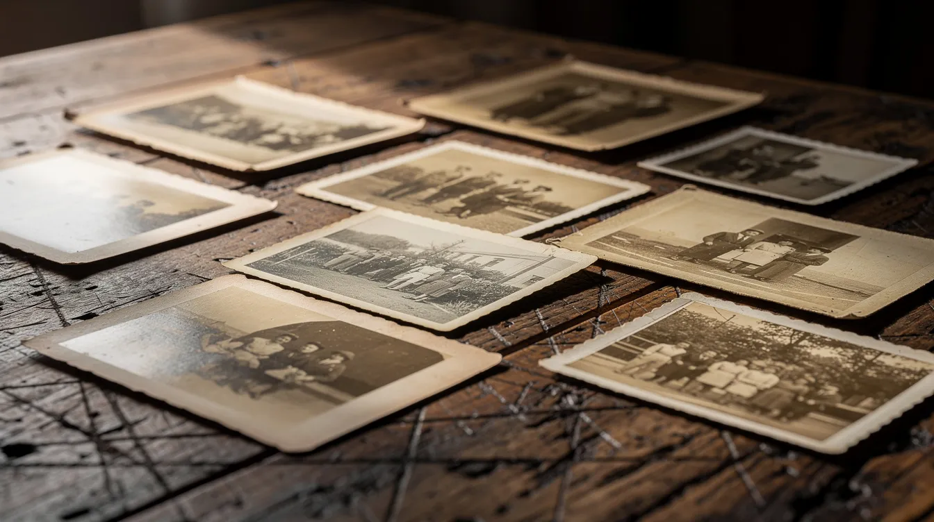 Auf einem Holztisch mit sichtbaren Rissen und Verfärbungen liegen alte, vergilbte Fotografien verschiedener Größen ausgebreitet. Die Bilder, die Erinnerungen an vergangene Zeiten festhalten, zeigen teils beschädigte Bereiche und Farbverblassungen, die durch eine Fotorestaurierung wiederhergestellt werden könnten.