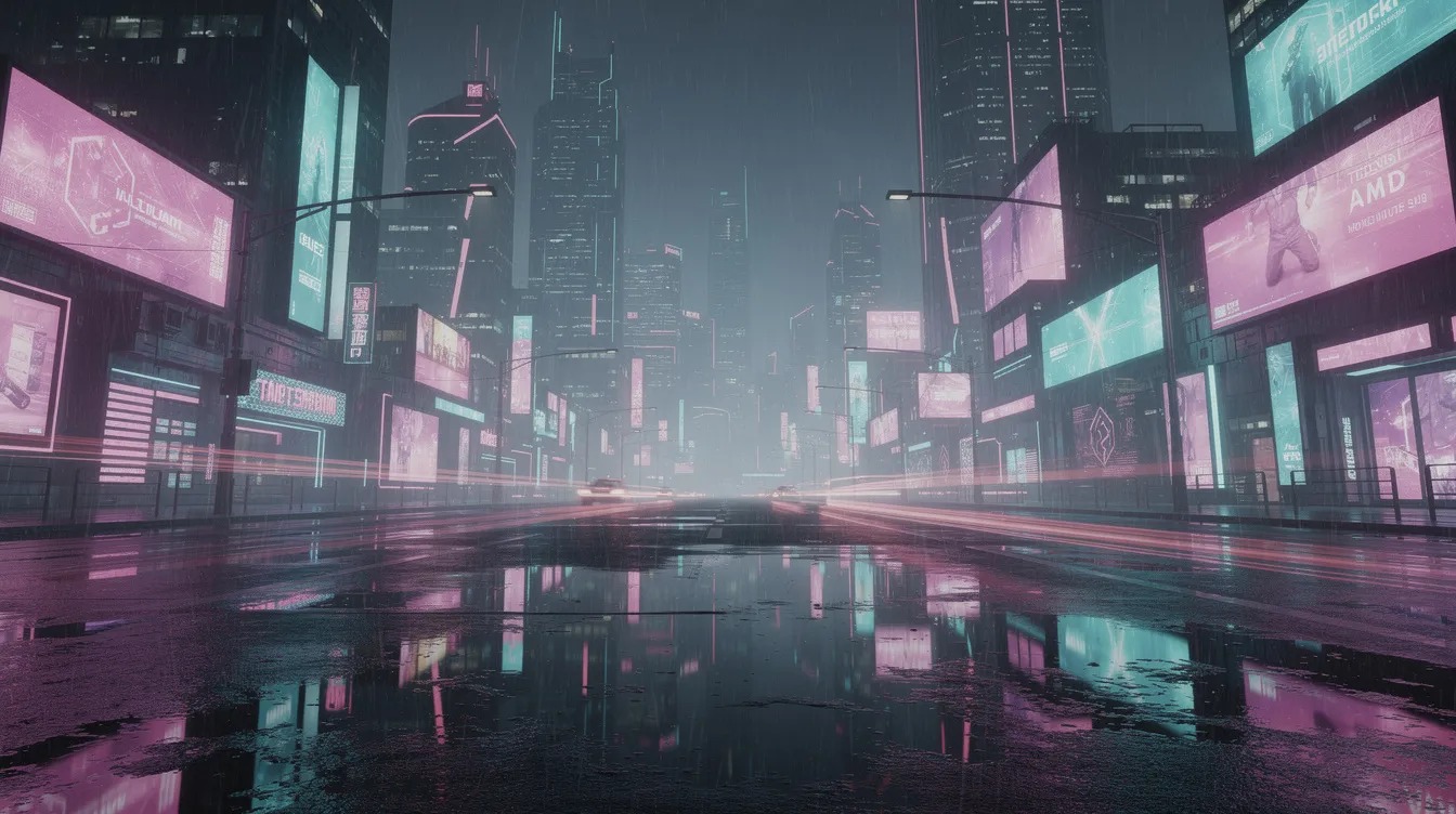 Die Darstellung zeigt eine abstrakte Neonstadt bei Nacht, in der leuchtende Farben auf nassen Straßen reflektiert werden. Der Regen verleiht der Szene eine besondere Stimmung, die an kreative KI-generierte Musikvideos erinnert.