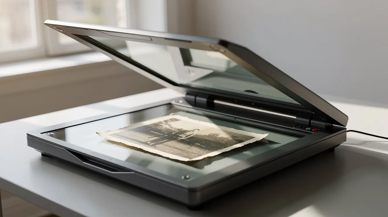 Ein Flachbettscanner steht in einem hellen Raum und zeigt ein altes Schwarzweißfoto auf seiner Glasfläche. Die Details des Fotos sind gut sichtbar, was die Möglichkeit zur Fotorestaurierung und Bildbearbeitung unterstreicht.
