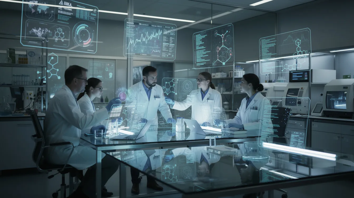 In einem modernen Labor arbeiten Wissenschaftler an holographischen Bildschirmen, die leuchtende Datenvisualisierungen anzeigen. Diese Umgebung spiegelt die fortschrittliche Technologie wider, die für die Forschung im Bereich der künstlichen Superintelligenz und deren Auswirkungen auf die Menschheit von Bedeutung ist.