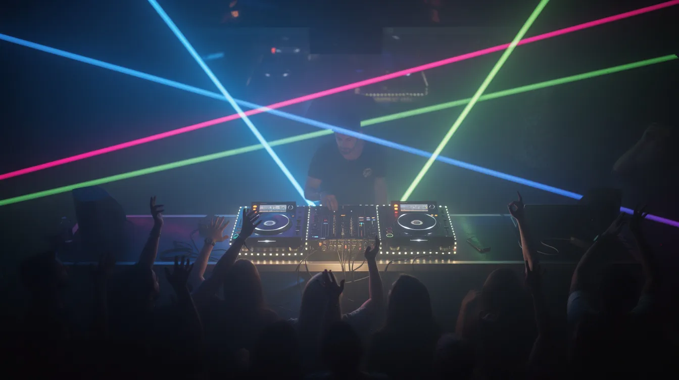 Das Bild zeigt ein DJ-Pult in einem abgedunkelten Club, umgeben von bunten Laserlichtern, während die tanzende Menge im Rhythmus der techno Beats und trance Sounds lebt. Die Atmosphäre ist energiegeladen und vermittelt einen einzigartigen Vibe, der die Nachtszene von Amsterdam widerspiegelt.