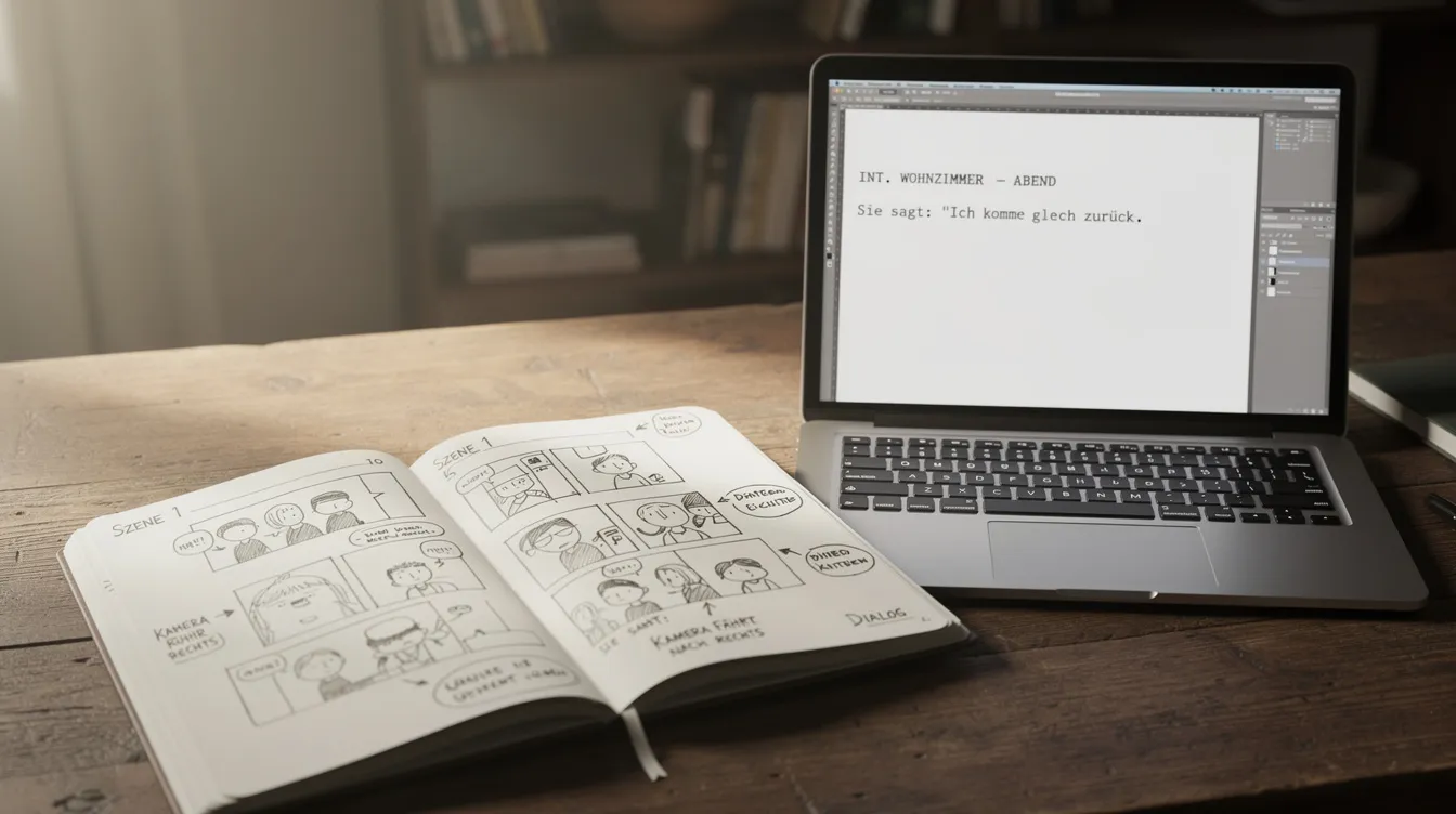 Das Bild zeigt ein aufgeschlagenes Notizbuch mit handgezeichneten Storyskizzen und einem Laptop, auf dem ein Texteditor geöffnet ist. Diese Szene vermittelt den kreativen Schreibprozess, in dem Ideen für Geschichten und Erzählungen mit Hilfe eines KI-Tools entwickelt werden.