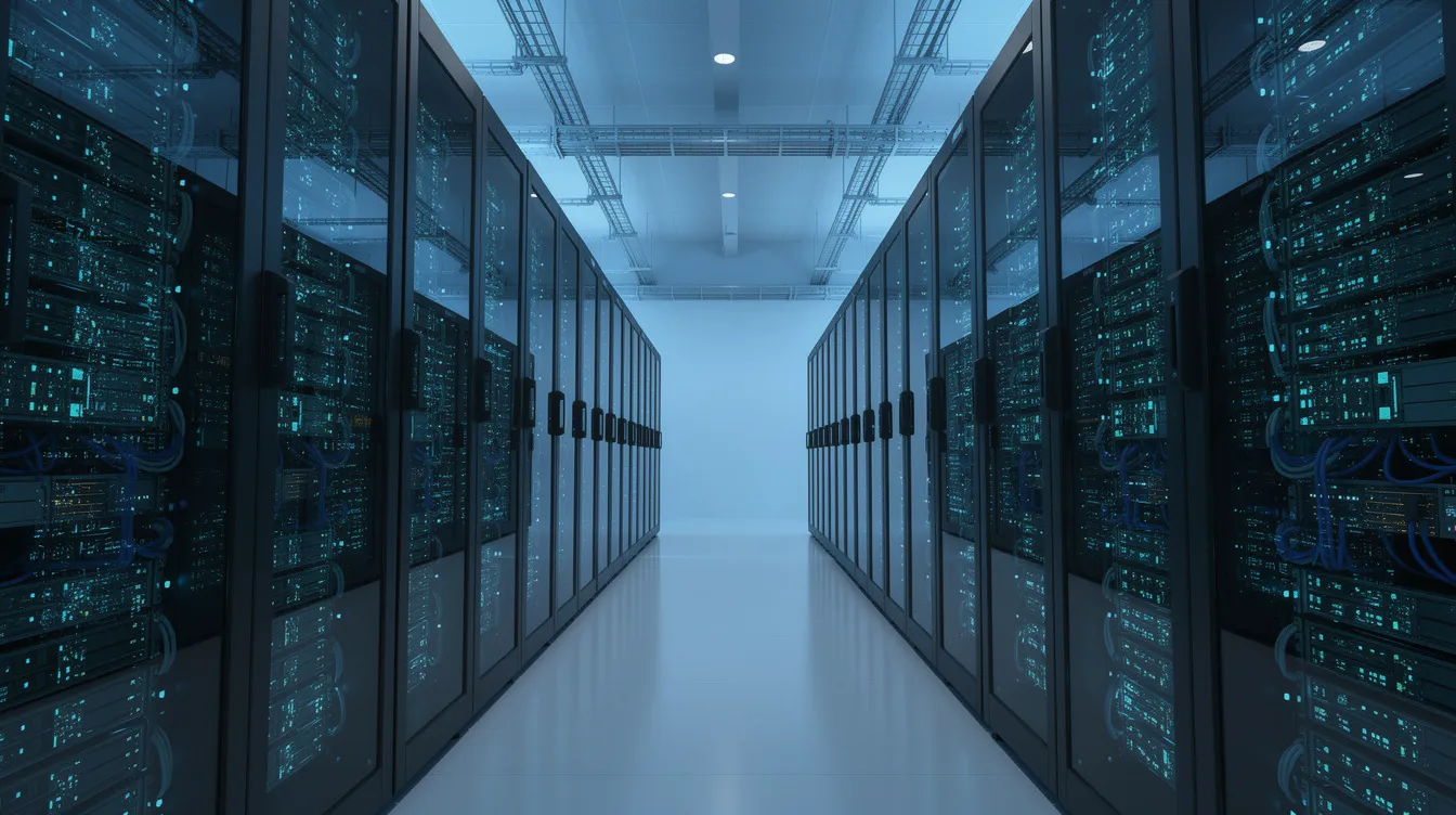 Die moderne Serverhalle zeigt Reihen von Computern, die in einem kühlen blauen Licht leuchten, während blinkende LED-Lichter die Technologie der künstlichen Superintelligenz hervorheben. Diese Umgebung ist ein Symbol für die Fortschritte in der KI-Entwicklung und die Herausforderungen, die die Tech-Community und KI-Forscher der Menschheit gegenüberstehen.